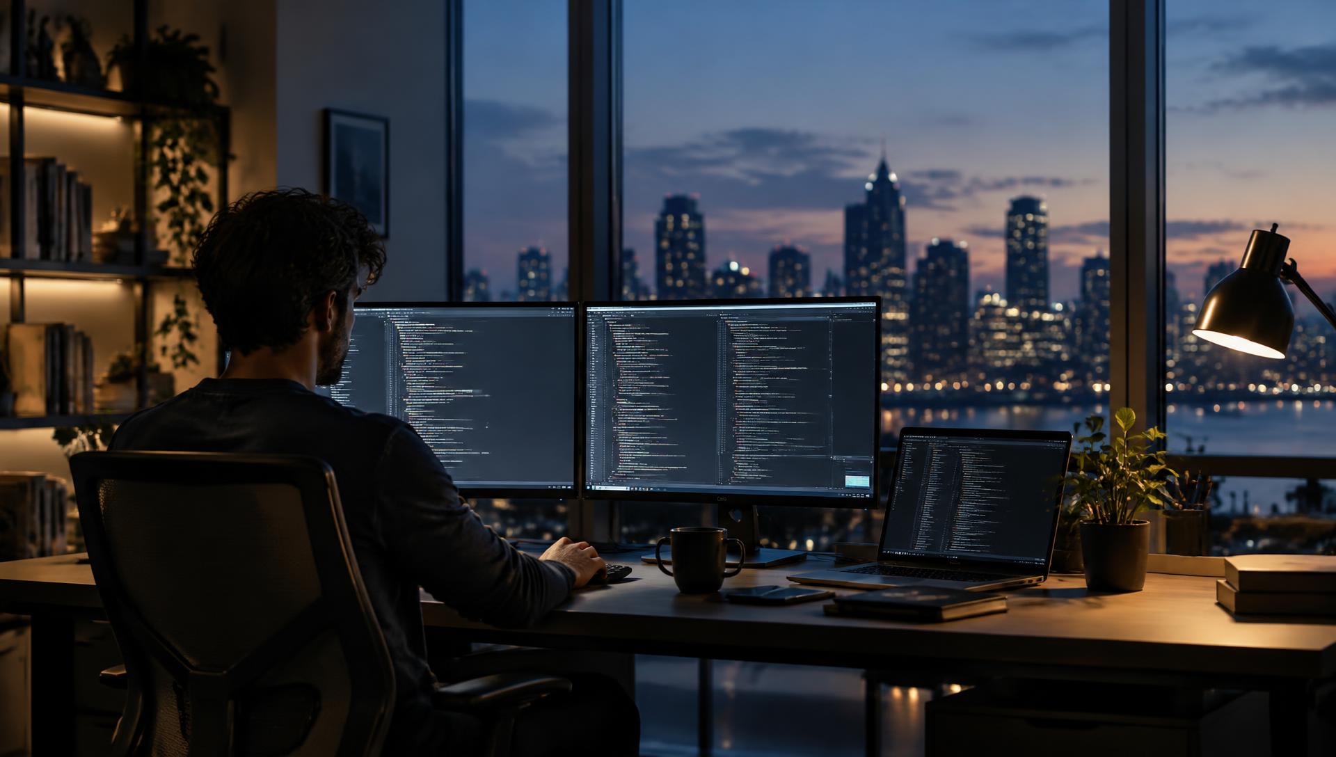 Software developer working at a multi-monitor desk showing source code